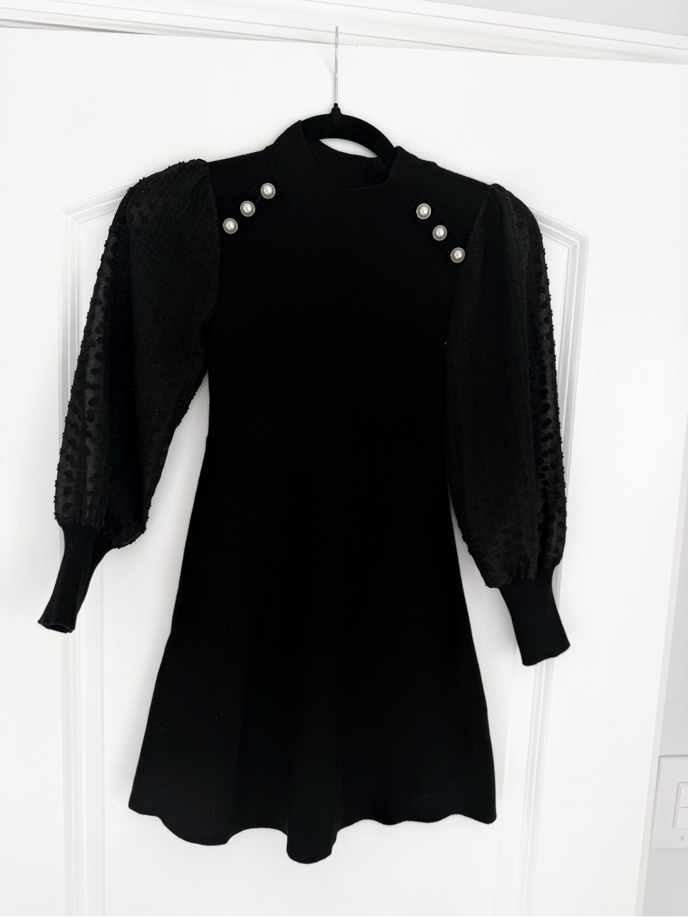 Pearl-Accent Puff-Sleeve Black Knit Dress for Girls